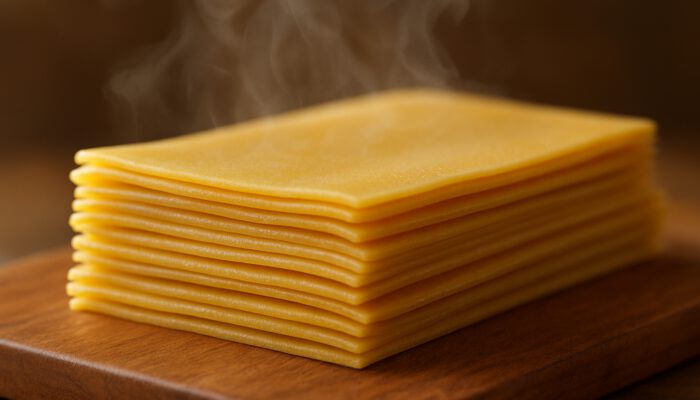 Ultimate Lasagna from Scratch: Fresh golden semolina pasta sheets stacked neatly on a wooden board with rising steam.