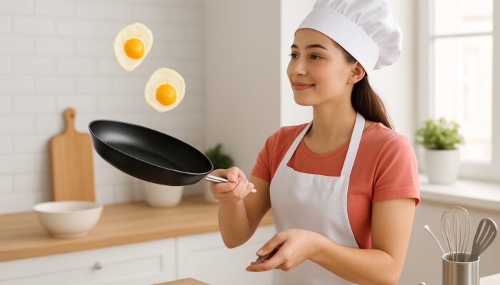 Beginner chef flips sunny-side-up eggs in shiny non-stick pan, surrounded by easy tools.