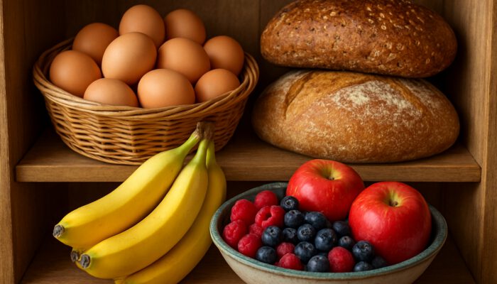 Easy Breakfast Ideas; Well-stocked pantry shelf with fresh eggs, golden bread, and ripe fruits for quick breakfasts.