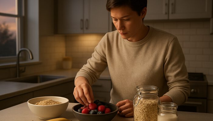 Person arranging fresh fruits, oats, and jars in a serene evening kitchen for overnight breakfast preparation.