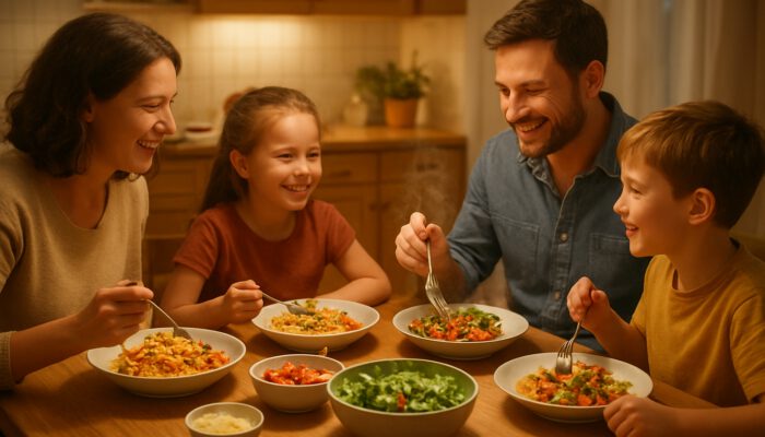 Family enjoying colorful weeknight pasta dinner around wooden table in warm kitchen.