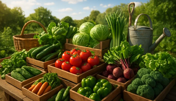 Vibrant farmers' market with fresh plant-based produce in wooden crates and sustainable tools under sunny sky.