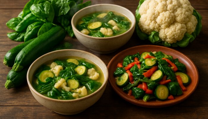 Fresh zucchini, spinach, and cauliflower in steaming soup and colorful stir-fries on a rustic table.