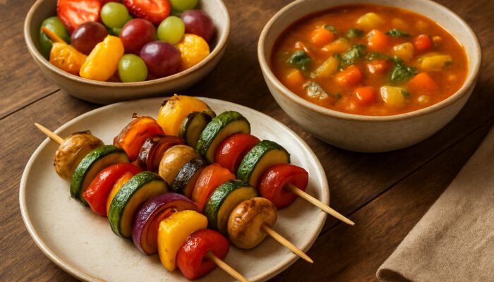Grilled veggie skewers, hearty soup, and fruit salad on a rustic table.