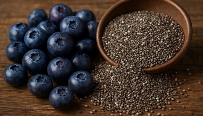 Cook with Superfoods: Vibrant blueberries and textured chia seeds on rustic wood, symbolizing nutrient-rich superfoods.