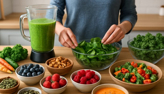 Vibrant kitchen scene with fresh superfoods like berries, greens, and nuts for healthy meal prep.