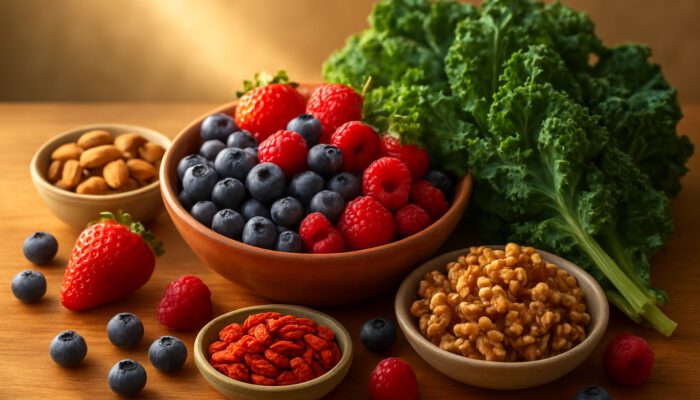 Vibrant superfoods like berries, kale, and nuts arranged on a sunlit table, symbolizing health and wellness.