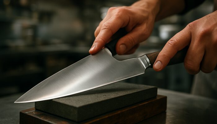A chef's knife being sharpened on a whetstone in a bustling professional kitchen.