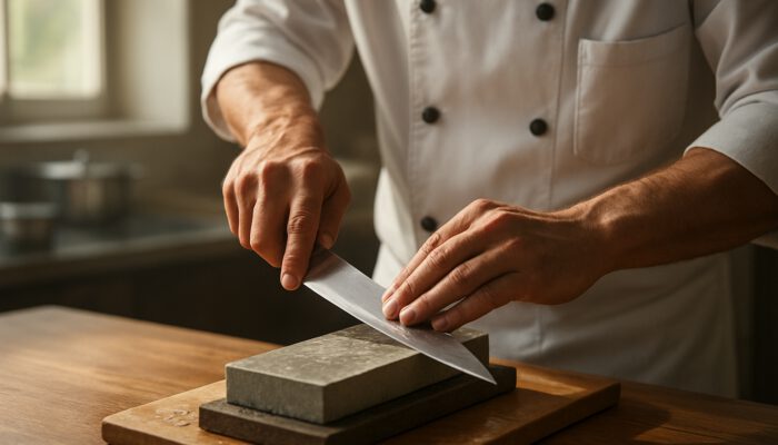 Professional chef honing stainless steel knife on wet whetstone in sunlit kitchen.