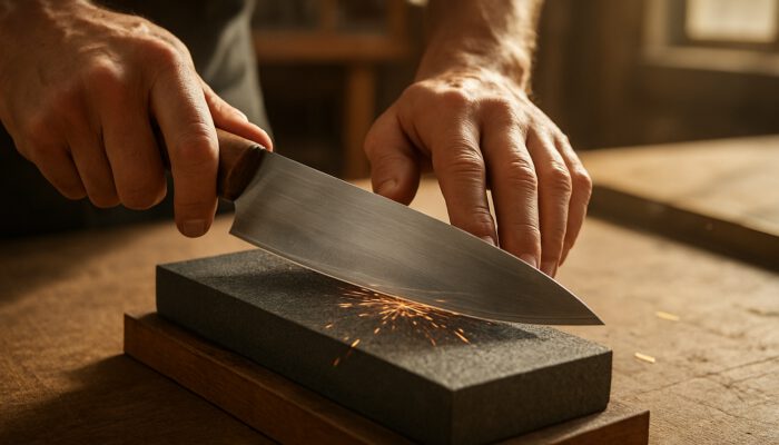 Hand sharpening kitchen knife on coarse then fine grit stone, with sparks flying in sunlit workshop.