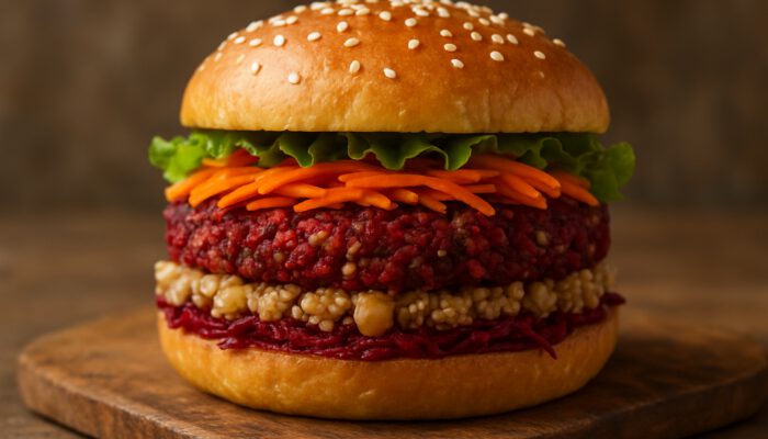 Plant-Based Burger Recipes: Vibrant plant-based burger patty with lentils, chickpeas, quinoa, carrots, and beetroot on rustic wood.