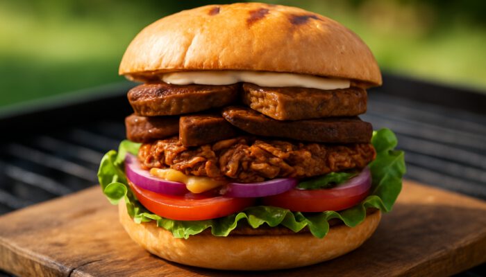 Vibrant plant-based burger with jackfruit patty, seitan, tempeh on grilled bun at sunny BBQ.