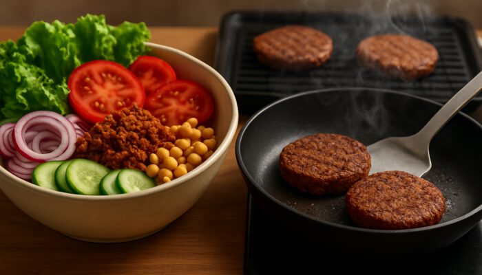 Vibrant kitchen scene with mixing bowl of plant-based burger ingredients, spatula flipping patties on skillet, and smoky grill.