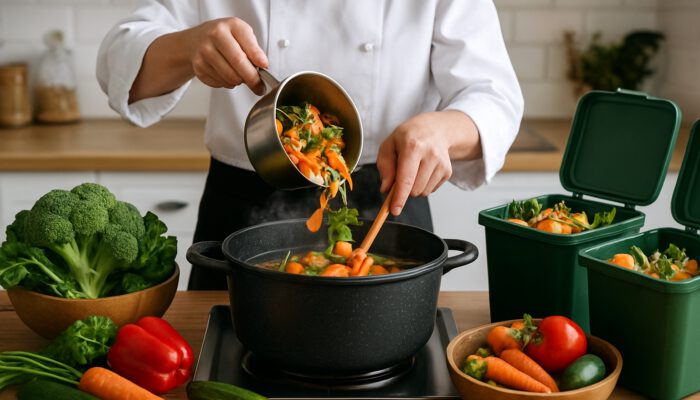 Chef transforms vegetable scraps into steaming broth in sustainable kitchen with compost bins and fresh produce.