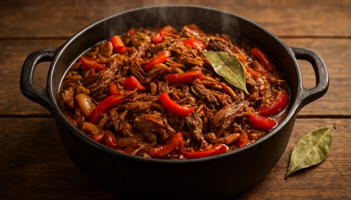 Cuban Ropa Vieja Shredded Beef Recipe: Steaming pot of Cuban Ropa Vieja with shredded beef, red peppers, onions, and spices on a wooden table.