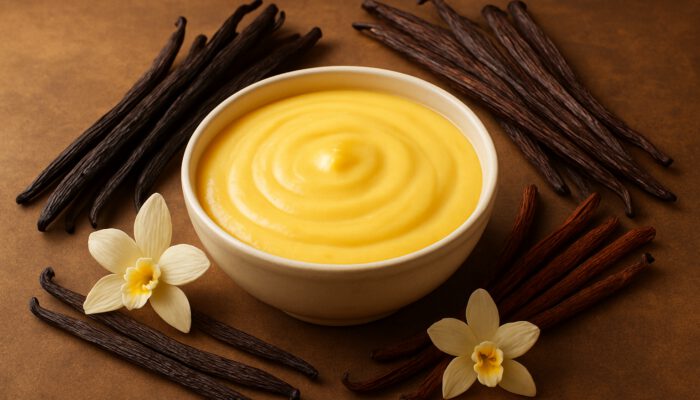Vibrant still life of dark Madagascar, floral Tahitian, and spicy Mexican vanilla beans around golden custard bowl.