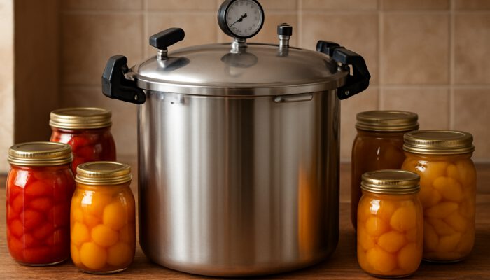 Shiny stainless steel pressure canner with locking lid, gauge, Presto and All American models on rustic counter with fruit jars.