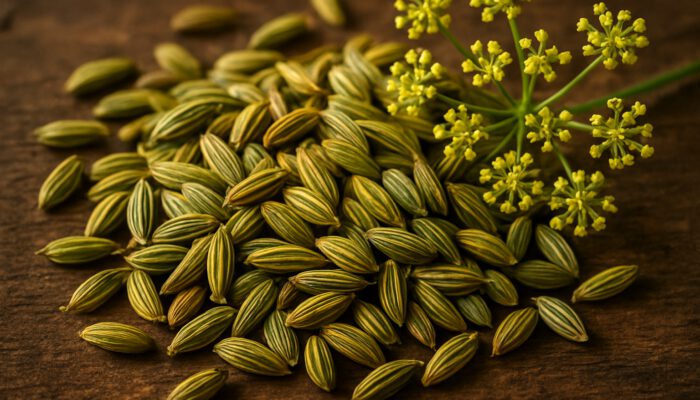 Plump fresh fennel seeds scattered on rustic wood beside anise flowers for premium flavor.