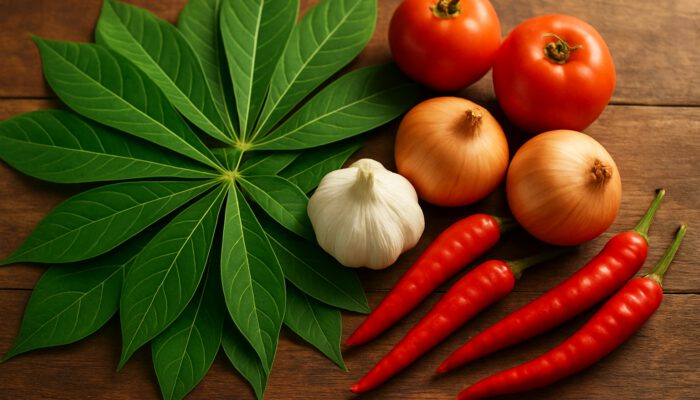 Fresh cassava leaves with tomatoes, garlic, onions and chili peppers on rustic wooden table