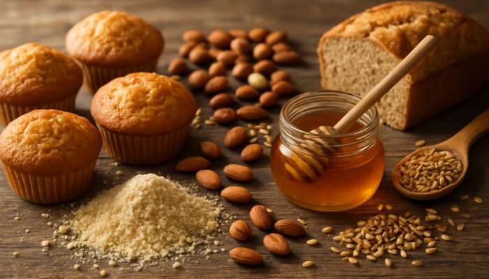 Rustic wooden table with almond flour, nuts, grains, honey and low-sugar muffins in soft light