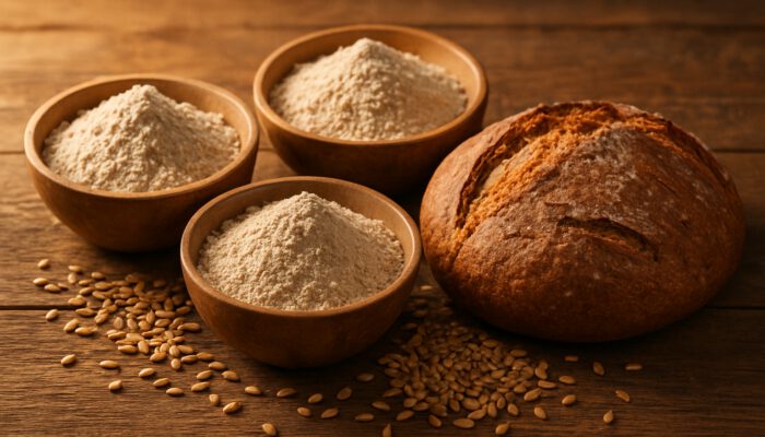 Bowls of whole wheat, spelt and rye flours beside crusty whole grain loaf on rustic table