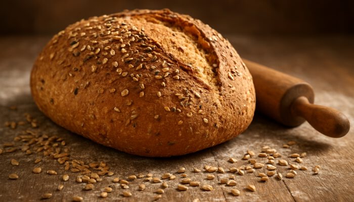 Rustic whole grain seed bread loaf on flour-dusted table with vintage rolling pin
