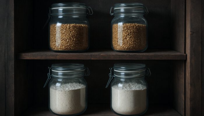 Rustic wooden pantry with glass jars of golden whole grains and fresh-milled flour on dim shelves.