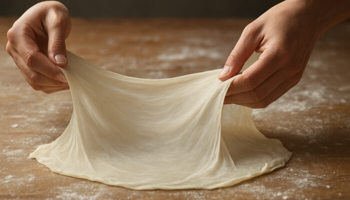 Hands stretching translucent filo dough on flour-dusted wooden table in soft light