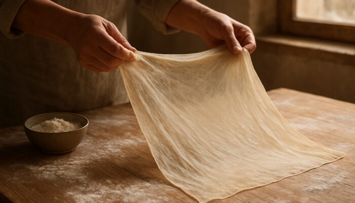 Hands stretching thin homemade filo pastry dough on floured wooden table in rustic kitchen