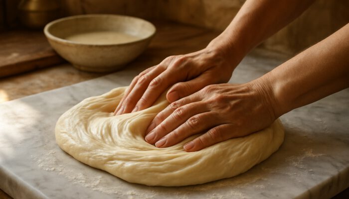 Hands kneading smooth filo pastry dough on marble in sunlit rustic kitchen