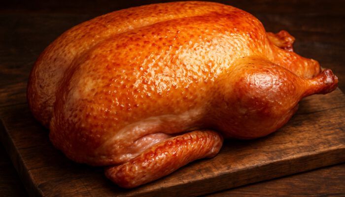Plump fresh duck with vibrant color and rich fat layers on rustic wood