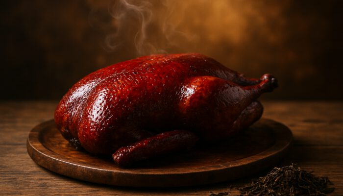 Glossy tea-smoked duck with lacquered skin on rustic wooden platter, steam rising amid tea leaves