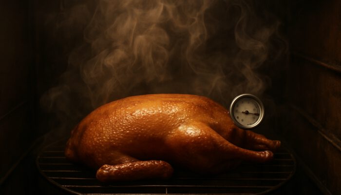 Duck in traditional smoker at 80°C with precise thermometer and swirling tea smoke