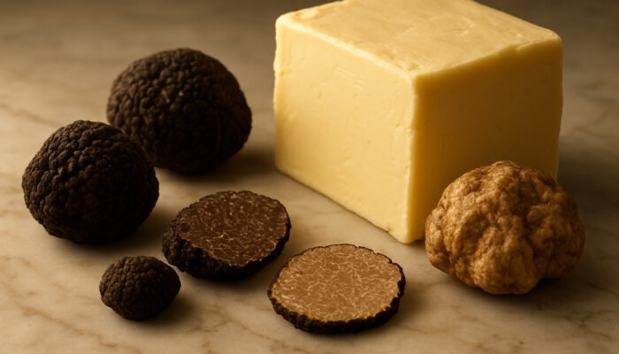 Fresh black and white truffles beside creamy unsalted butter on marble under golden light