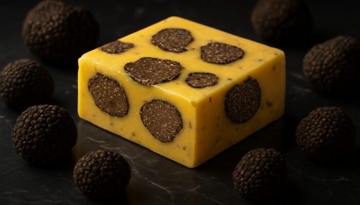 Golden truffle-infused butter block with black truffle slices on dark marble, fresh truffles around