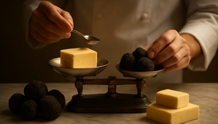 Chef measuring fresh black truffles and butter blocks on marble for luxurious truffle butter preparation