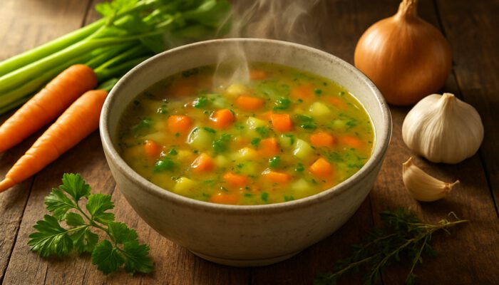 Steaming bowl of homemade vegetable soup with fresh carrots, celery, onions and herbs on rustic table.