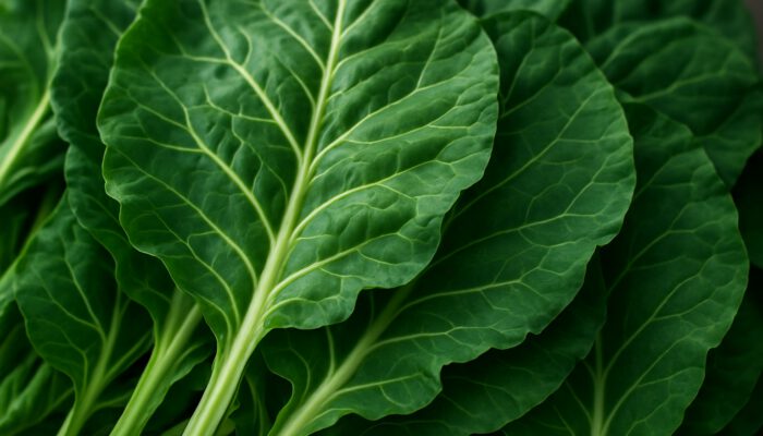 Vibrant dark green collard greens close-up with crisp unblemished leaves in soft light
