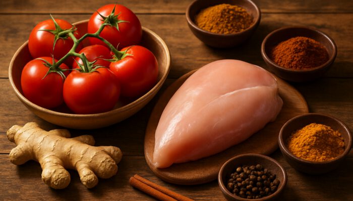 Rustic table with ripe tomatoes, ginger, spices, and chicken for tikka masala