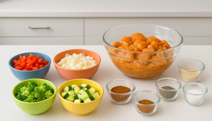 Pristine kitchen counter with colorful bowls of chopped vegetables, spices, and marinated chicken for mise en place