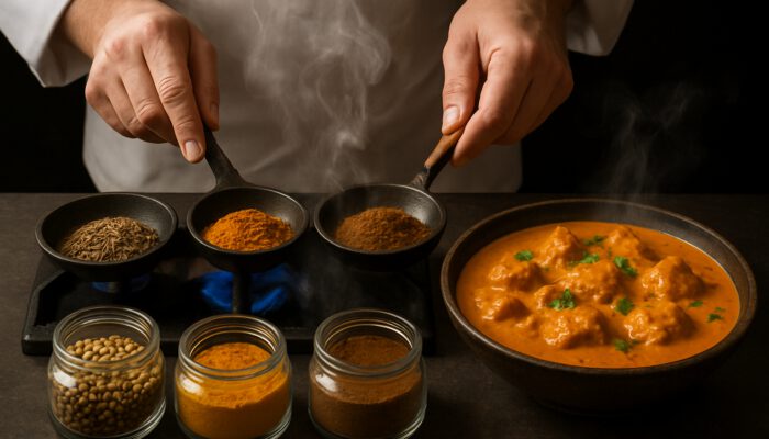 Chef toasting cumin, coriander, turmeric and garam masala over flame beside chicken tikka masala