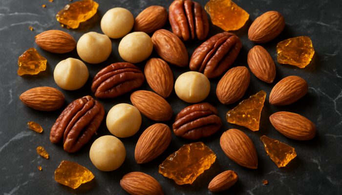 Fresh Australian macadamias, pecans, almonds with golden caramel shards on dark marble.