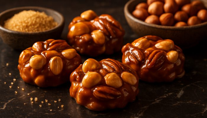 Glossy caramel pralines with hazelnuts, almonds and pecans on dark marble beside sugar bowls.