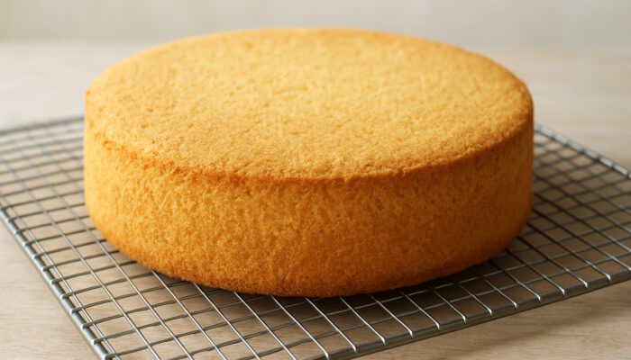 Golden Genoise sponge cake cooling on wire rack for Baked Alaska assembly