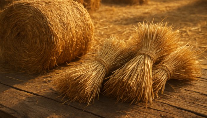 Golden hay bales and fresh straw bundles on rustic wood in sunlit farmyard