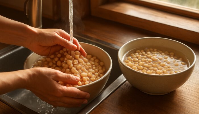 Hands rinsing chickpeas under water in sunlit Australian kitchen before overnight soaking.