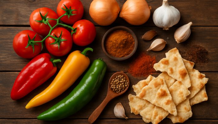 Fresh tomatoes, peppers, onions, garlic, spices and flatbread on rustic wood for Algerian chakhchoukha stew