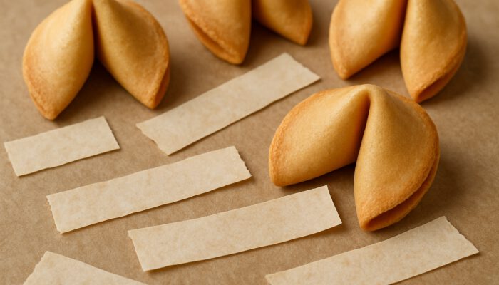Close-up of parchment paper strips with handwritten fortunes beside golden fortune cookies