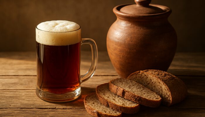 Rustic table with frothy kvass glass, rye bread slices, and clay fermentation jar in sunlight.