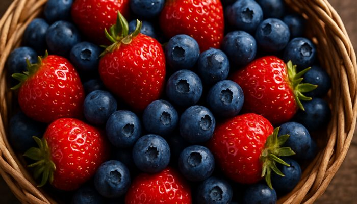 Close-up of ripe strawberries and blueberries with dew drops in a rustic basket.